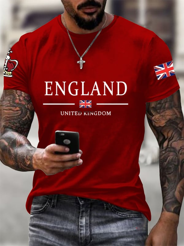 Mens England t-shirt with cap combo featuring red shirt with England text and flag on sleeve