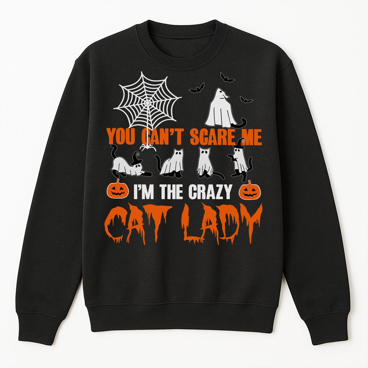 Black Halloween sweatshirt with ghost cats spider web orange You Cant Scare Me Im The Crazy Cat Lady unique gifts for cat moms
