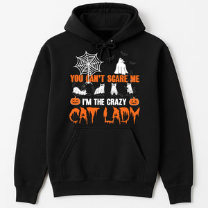 Black Halloween cat hoodie with pumpkins ghosts spiderweb You cant scare me Im the crazy cat lady unique gifts for cat moms