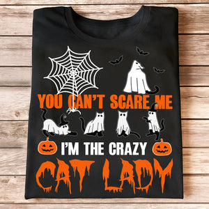Black Halloween cat lady T shirt with ghost cats spiderweb pumpkins and bold text ideal unique gifts for cat moms