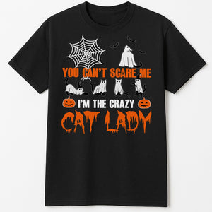 365Gifty black Halloween cat lady T shirt with ghost cats spiderweb pumpkins and text ideal unique gifts for cat moms