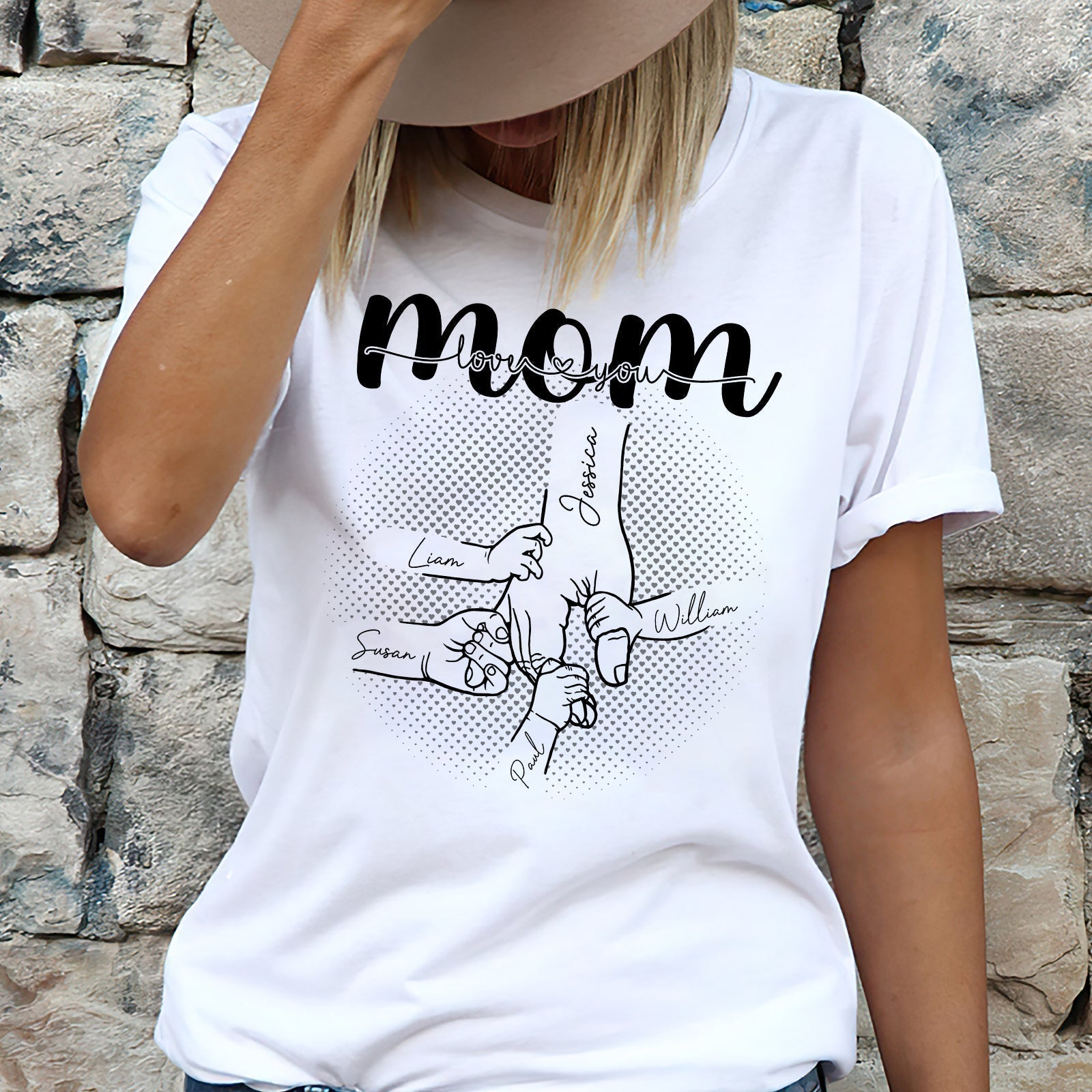 A mother's love is forever shirt featuring hand-drawn names and heart design for a heartfelt gifting option