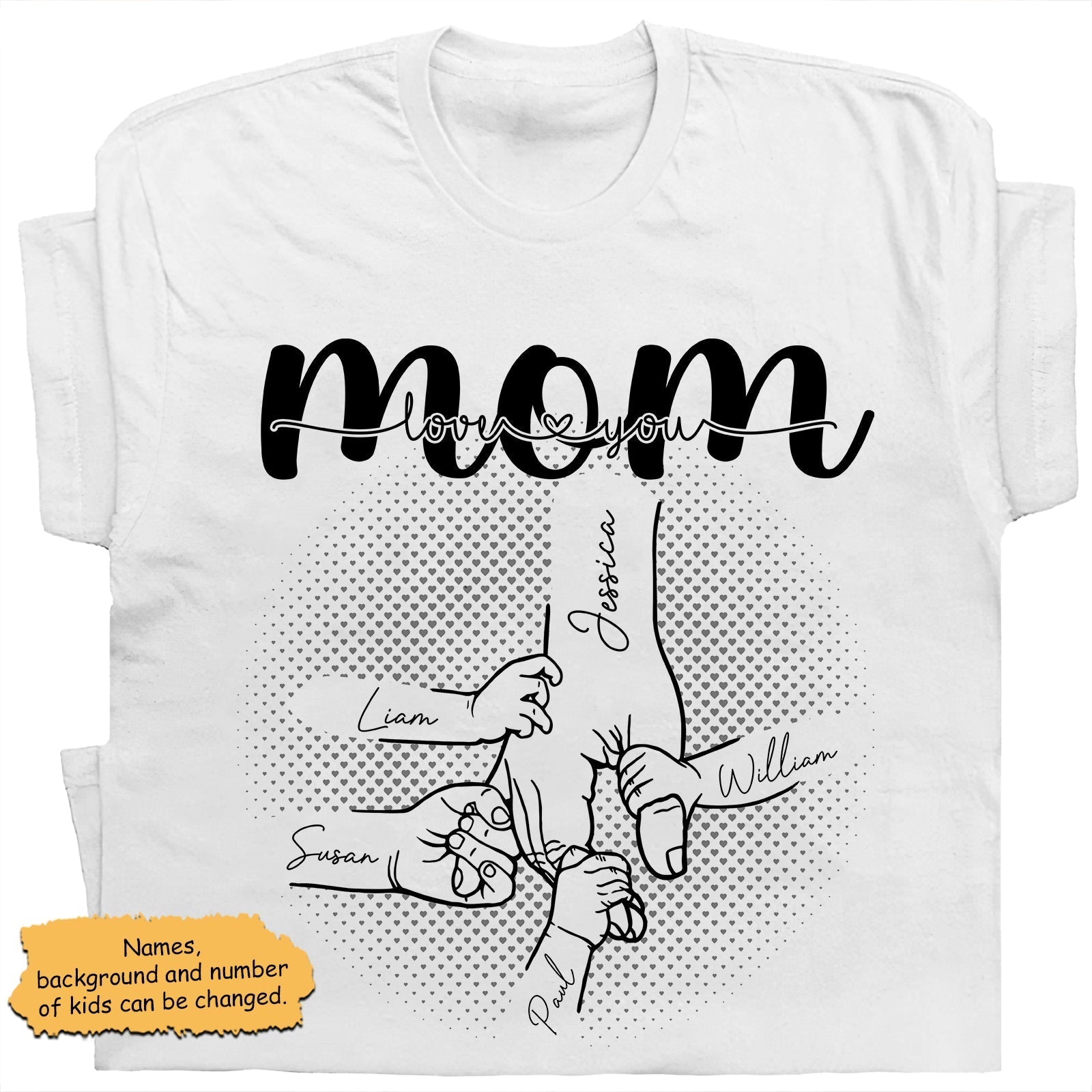 Custom white shirt with 'a mother's love is forever shirt' design featuring kids' names and loving handprints