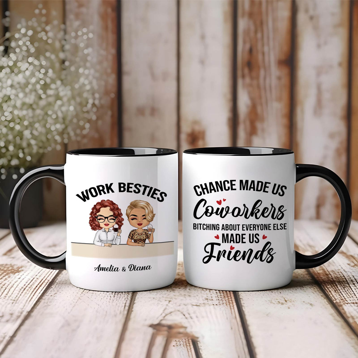 365Gifty personalized pair of Work Besties coffee mugs with caricatures Amelia and Diana unique gifts for coworkers