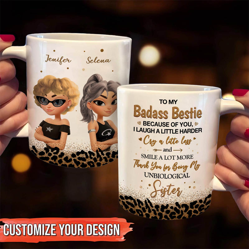 365Gifty personalized white ceramic mugs with leopard trim showing cartoon sisters and message badass sister custom mug
