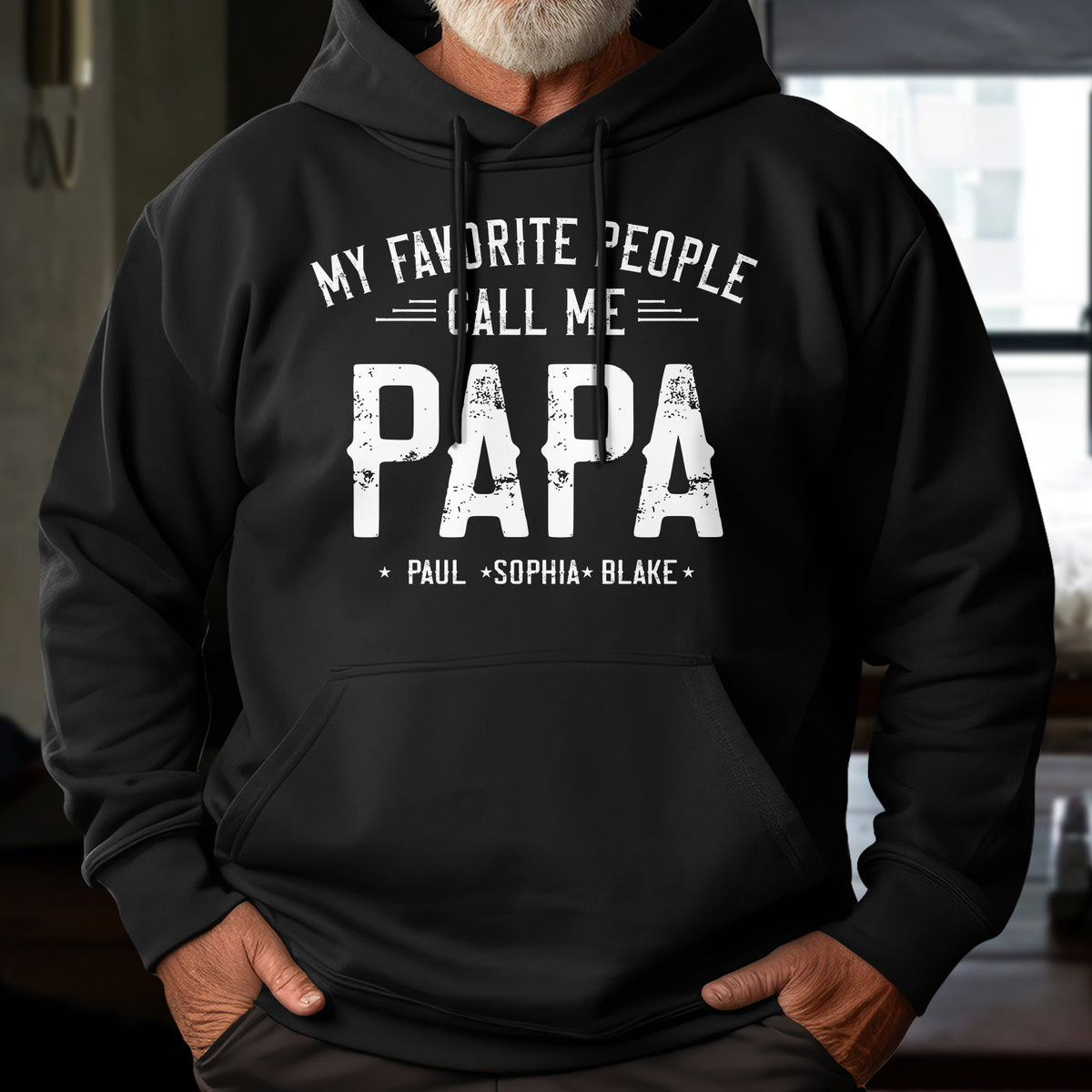 Black hoodie featuring my favorite people call me papa tee design with personalized names Paul Sophia Blake