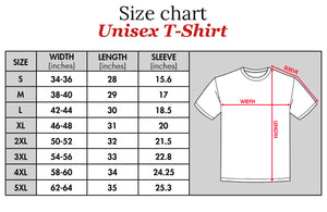 Size chart for unisex t-shirt showing width length and sleeve measurements for sizes S to 5XL