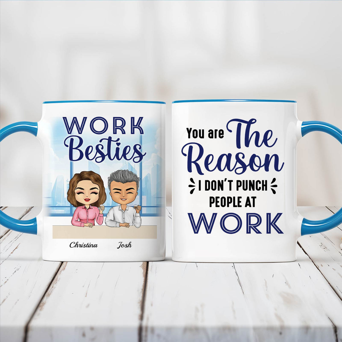 White ceramic personalized coworker mug with blue handle showing Work Besties cartoon and funny office quote