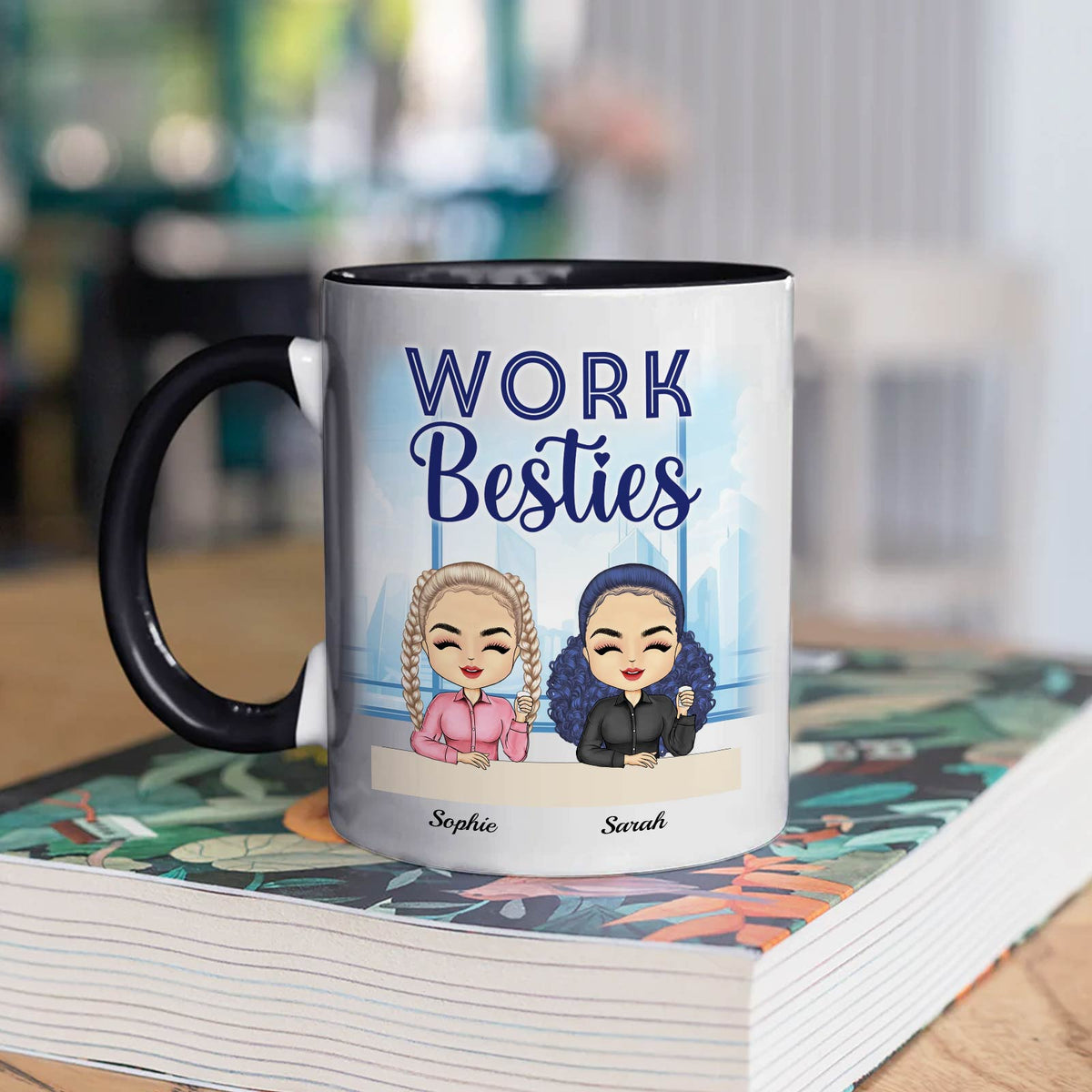 365Gifty personalized coworker mug showing Work Besties text with two cartoon avatars and names Sophie and Sarah