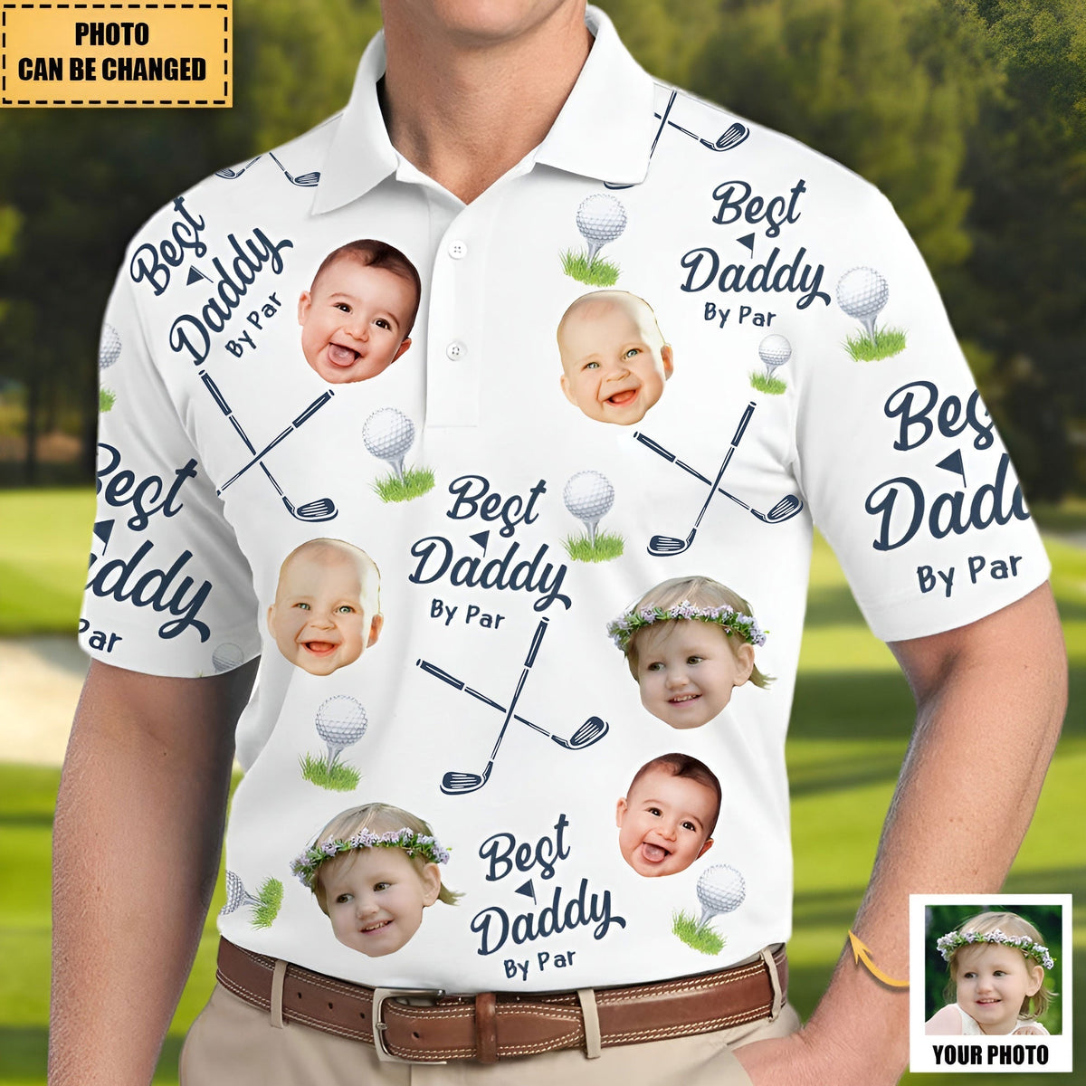 Best dad by par polo with photo showing customizable golf-themed shirt with baby face prints
