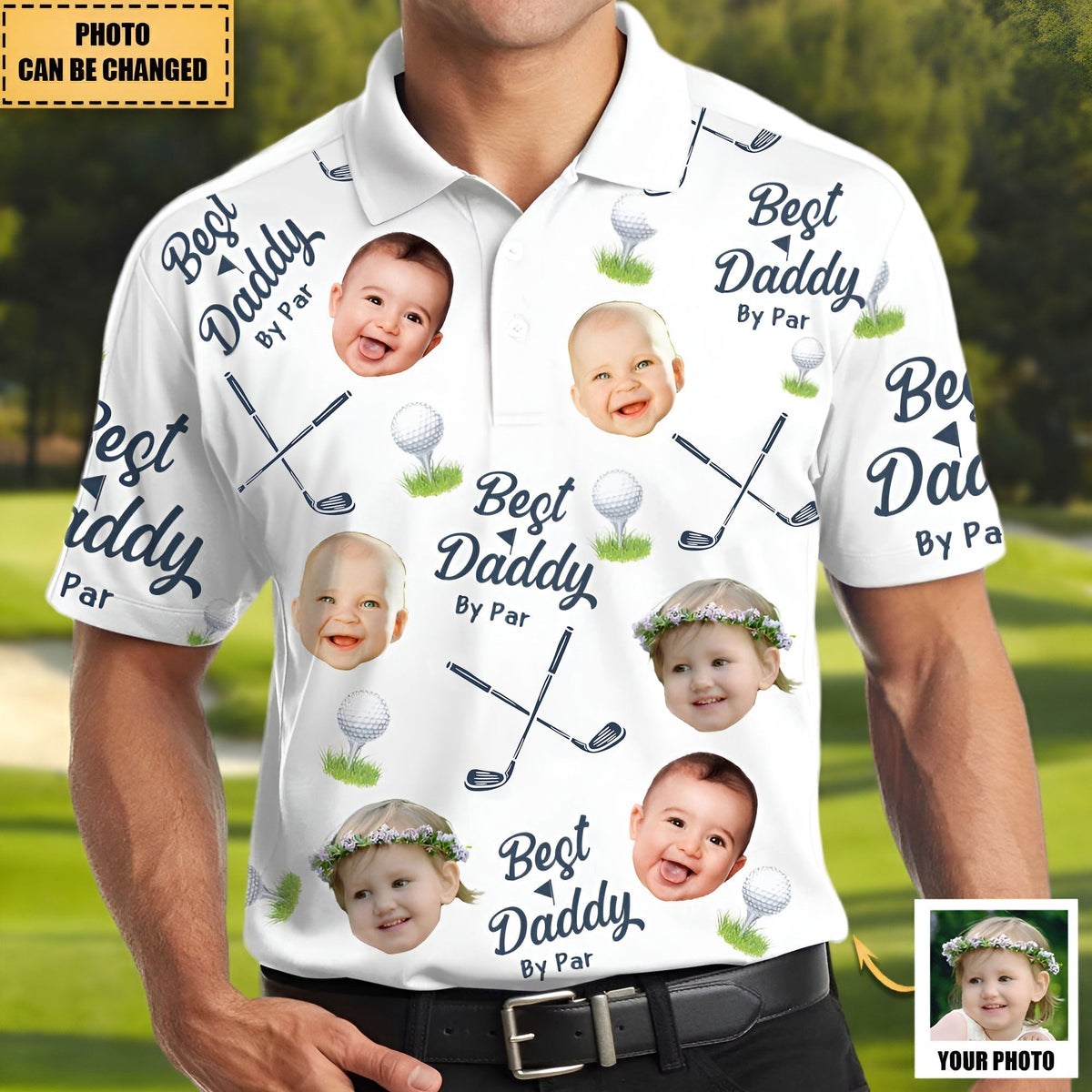 White golf polo shirt with customizable baby photos and best dad by par polo with photo text design
