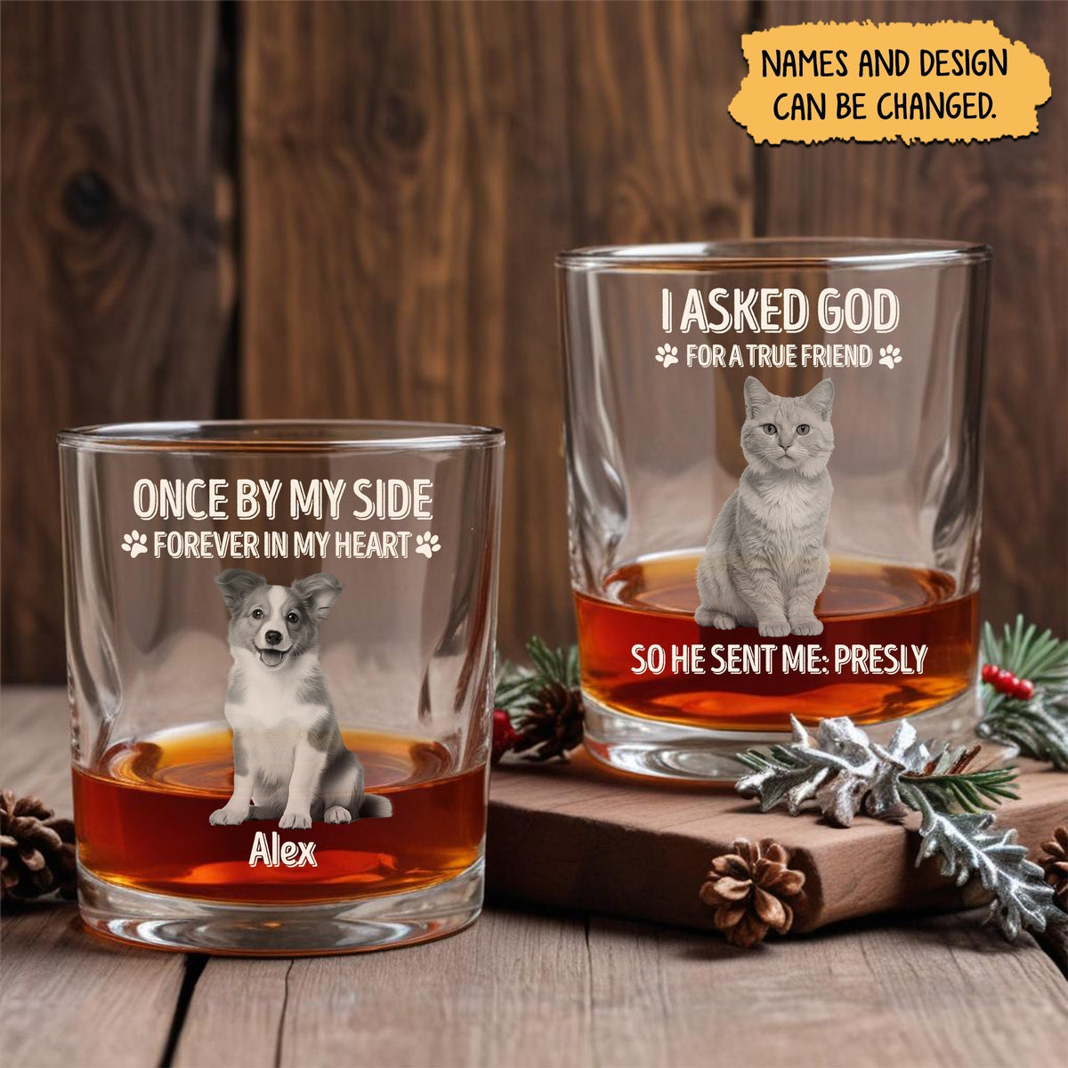 Two personalized pet memorial whiskey glass set featuring dog and cat portraits memorial text and custom names on wooden table