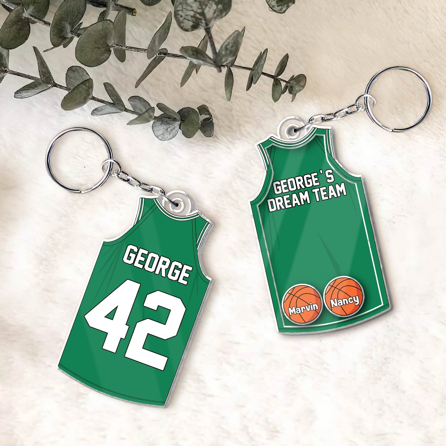 Personalized acrylic keychain for dad featuring a green basketball jersey design with custom names