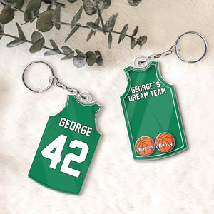 Personalized acrylic keychain for dad featuring a green basketball jersey design with custom names