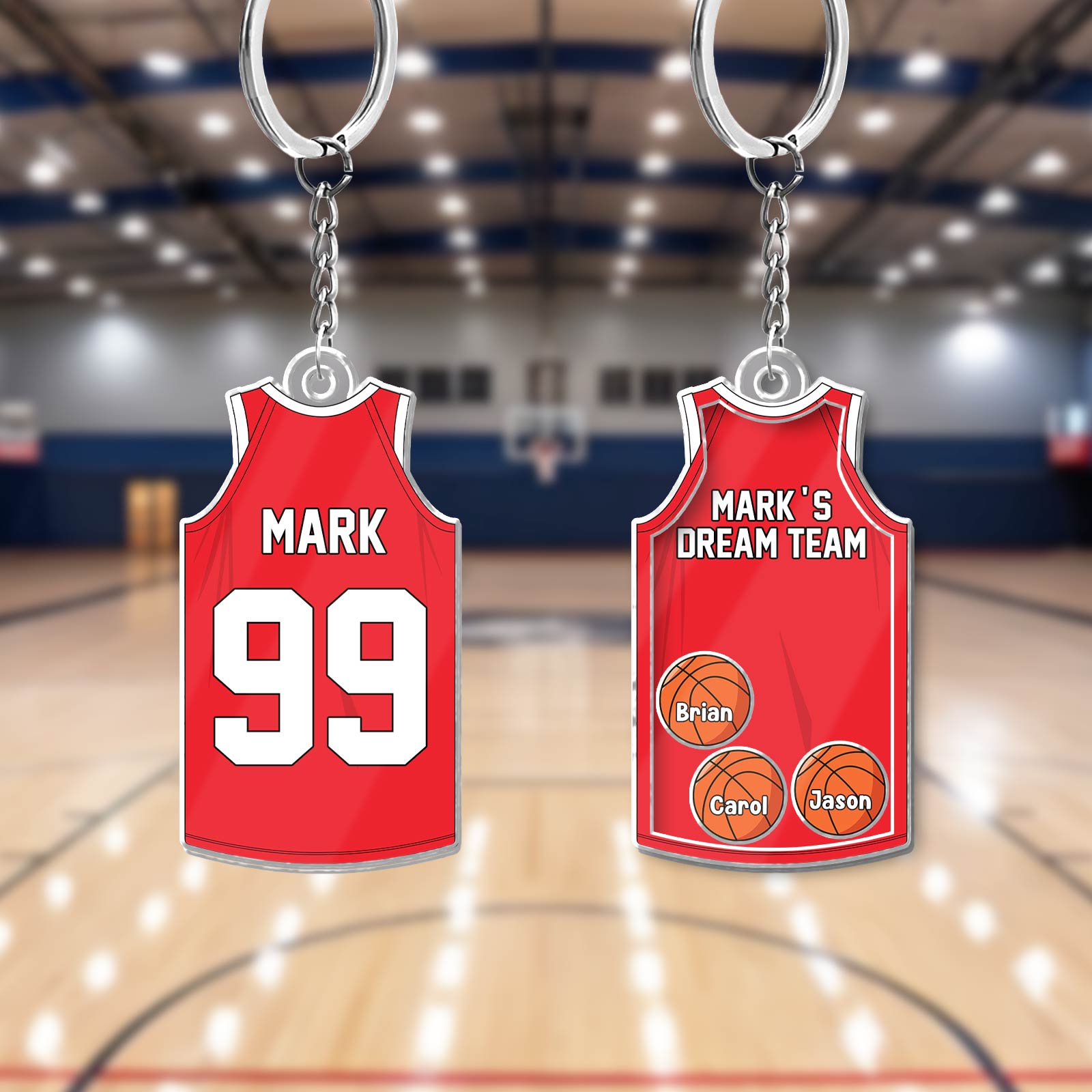 Personalized acrylic keychain for dad featuring a basketball jersey design with custom names