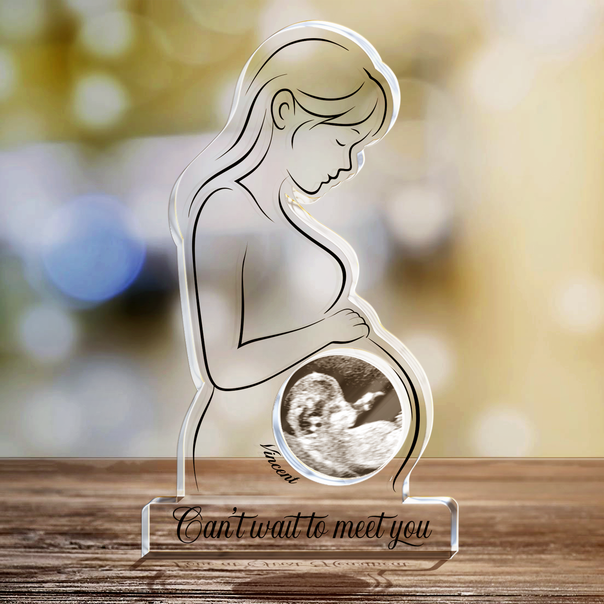 Personalized acrylic plaque for mom featuring a pregnant woman silhouette with an ultrasound image