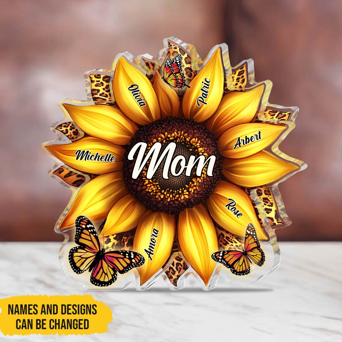 Personalized acrylic plaque for mom featuring a sunflower design with customizable names