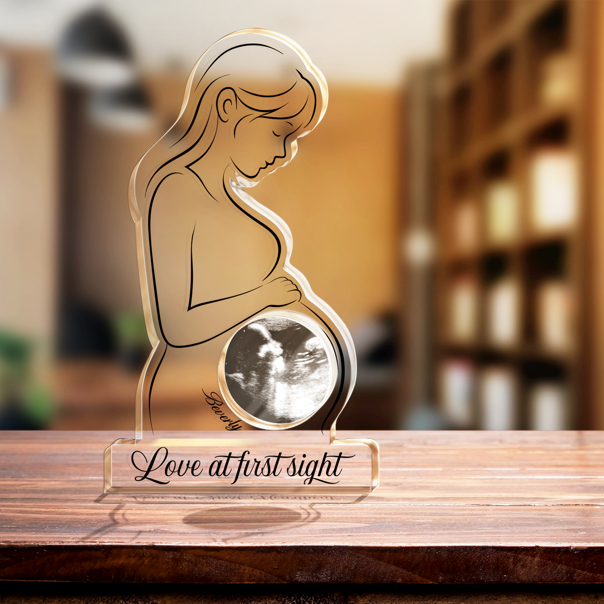 Personalized acrylic plaque for mom featuring a woman holding her pregnant belly with heartfelt text