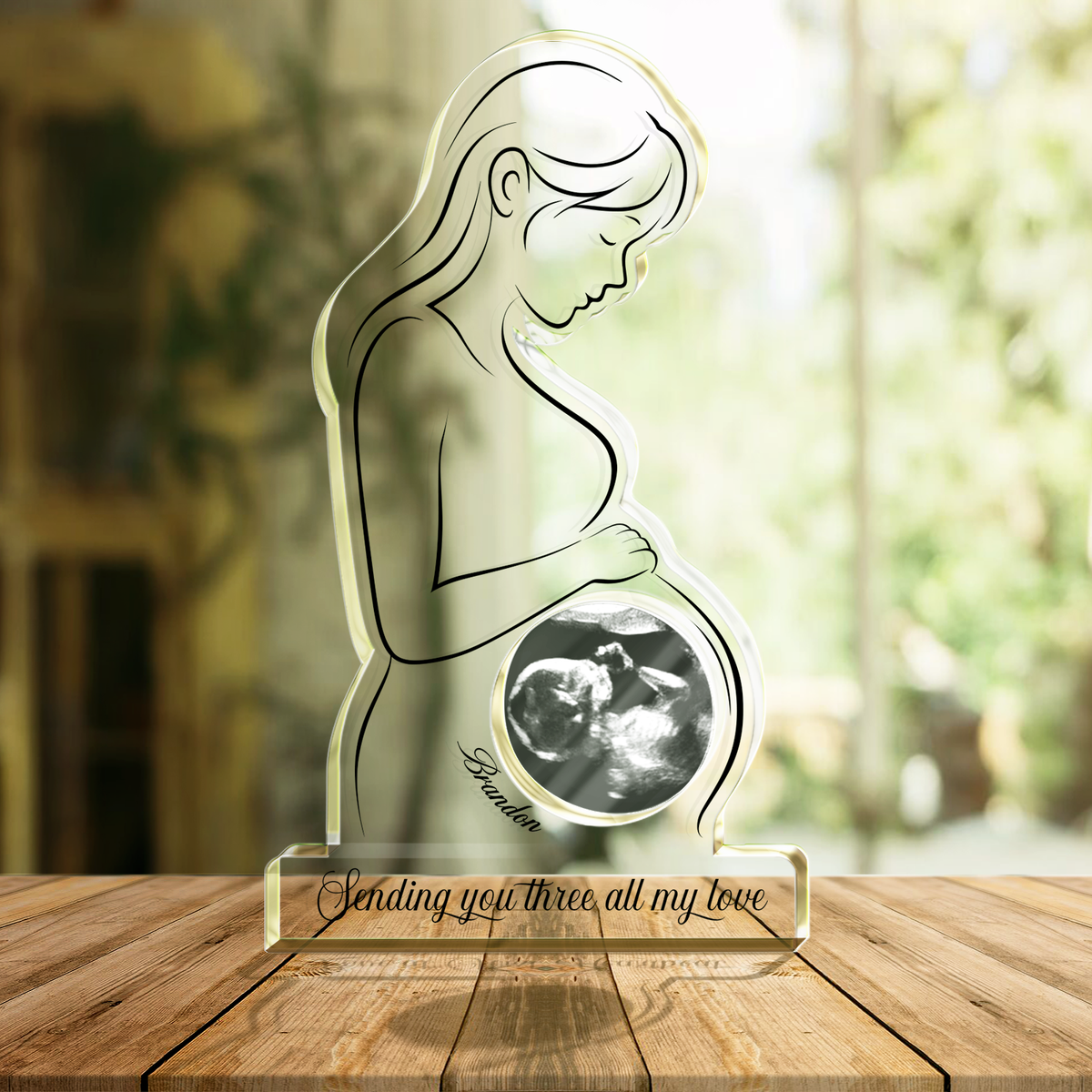 Personalized acrylic plaque for mom featuring a mother holding her baby bump with a heartfelt message