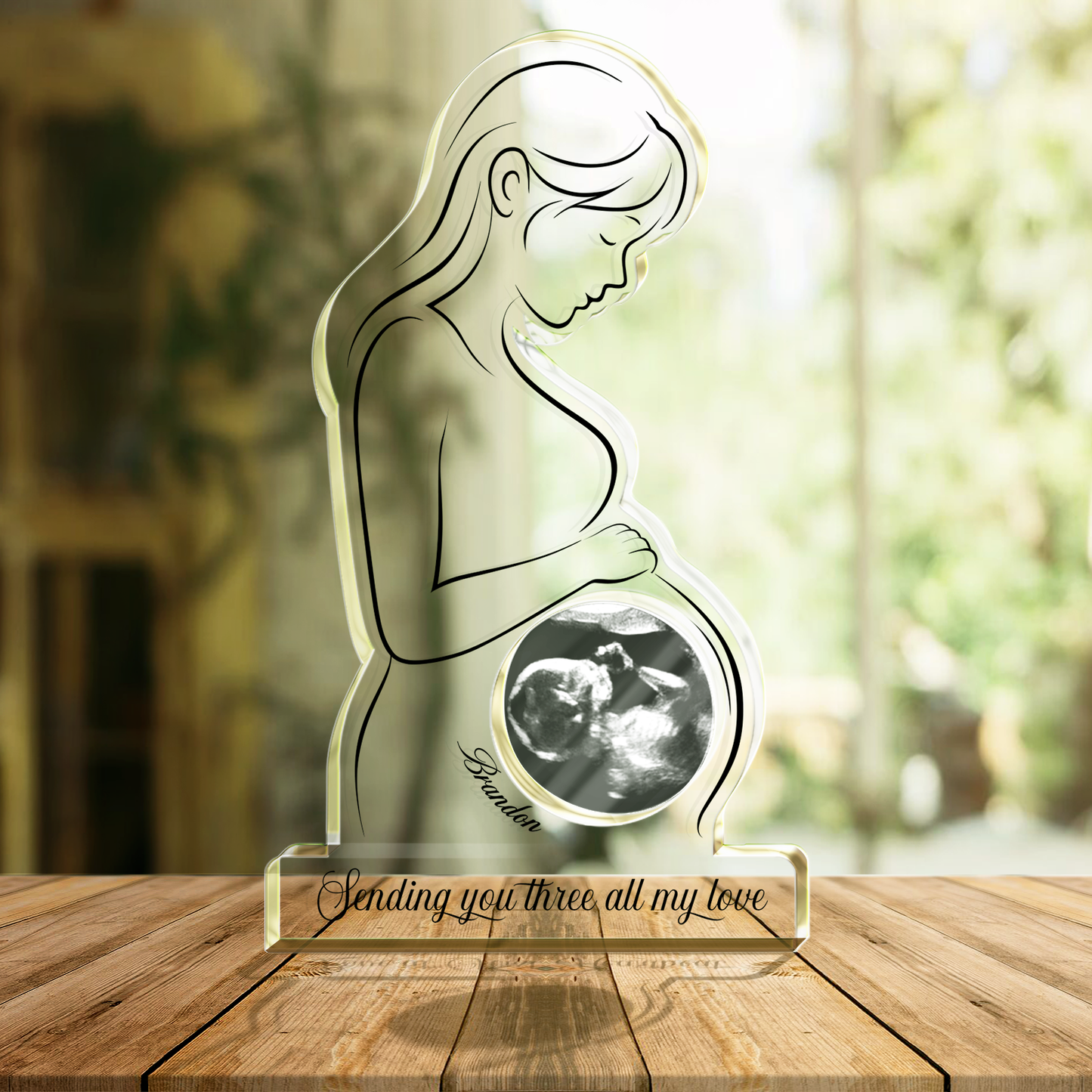 Personalized acrylic plaque for mom featuring a mother holding her baby bump with a heartfelt message