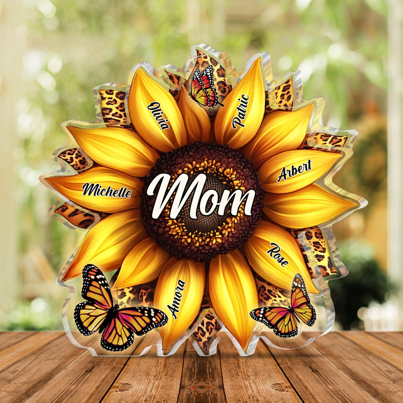 Personalized acrylic plaque for mom featuring a sunflower design with butterfly accents and family names
