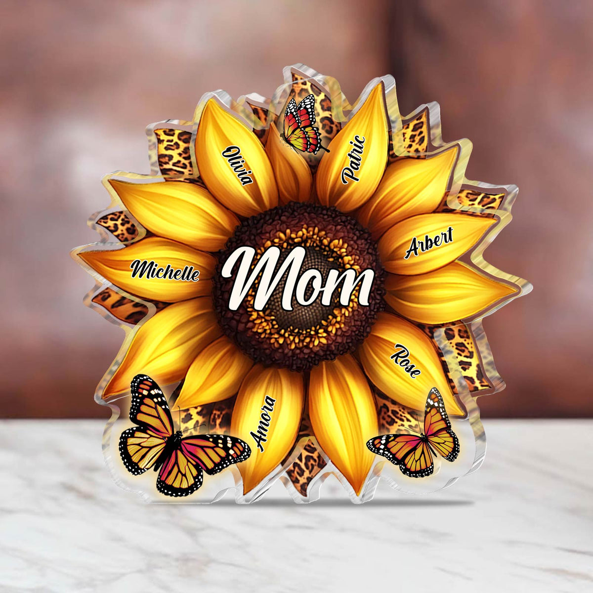 Personalized acrylic plaque for mom featuring a sunflower design with names and butterflies