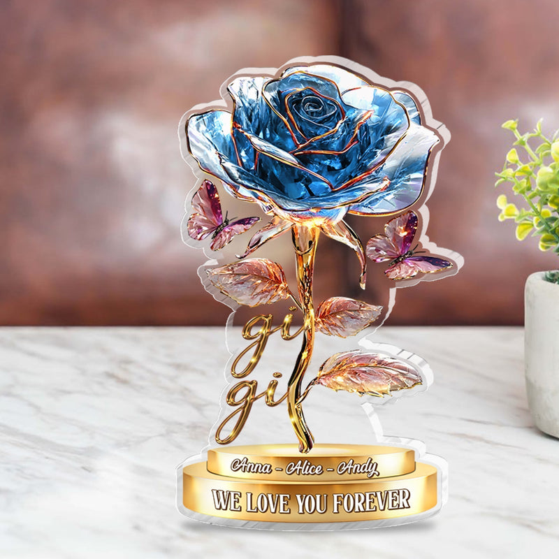 Personalized acrylic rose gift for mom with blue rose and butterflies, ideal for special occasions