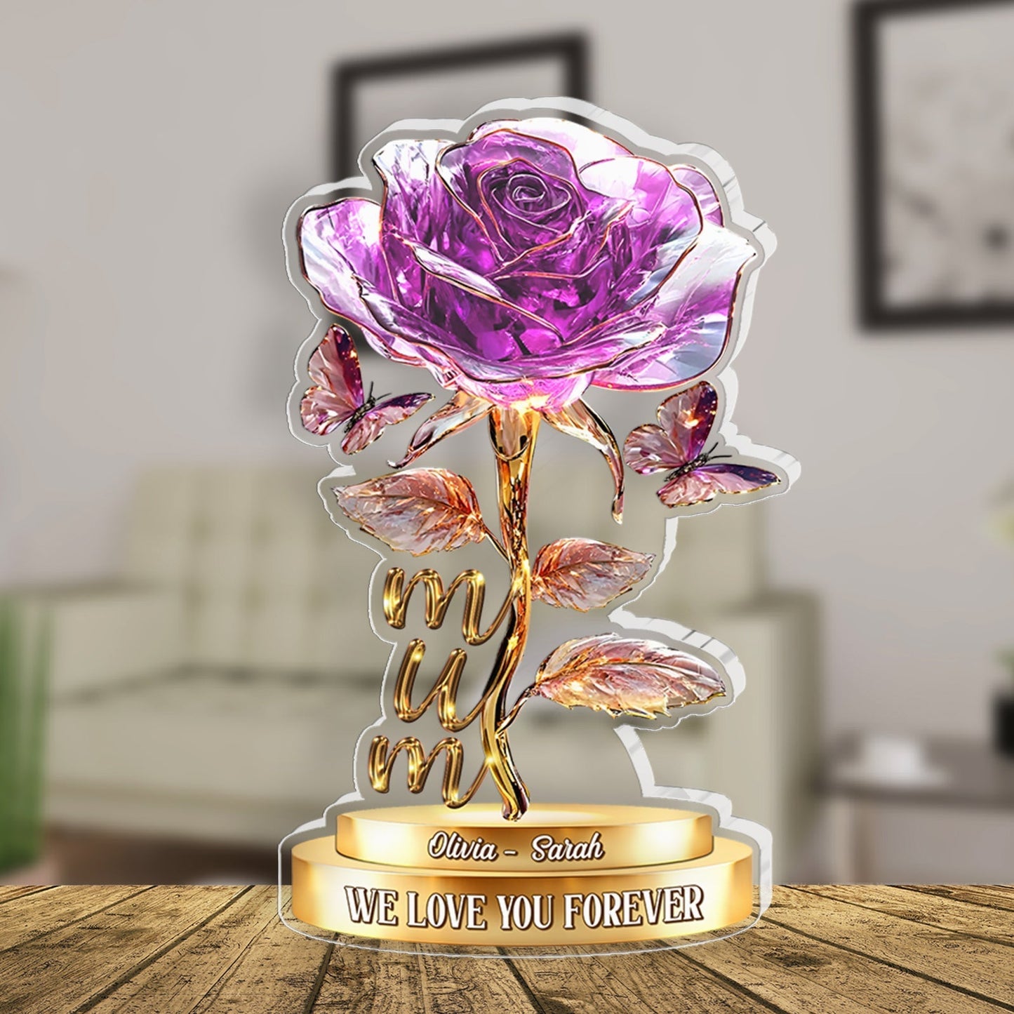 Personalized acrylic rose gift for mom with a purple rose and heartfelt message