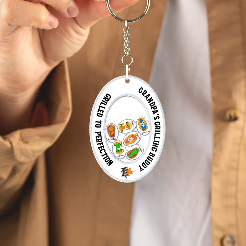 Personalized acrylic shaking keychain featuring fun food icons and custom text for gifts