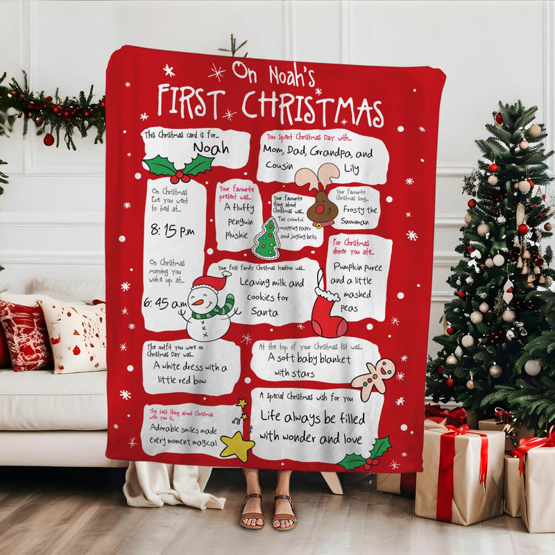 Red personalized baby first Christmas blanket with festive designs and custom name Noah