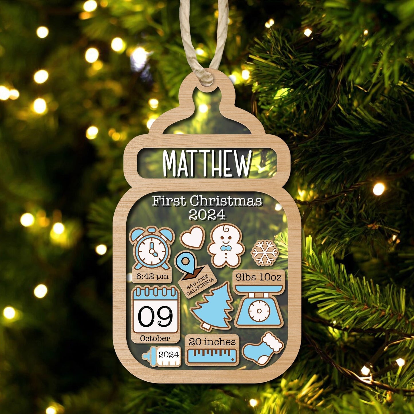365Gifty personalized baby first Christmas ornament wooden baby bottle with birth details and name Matthew