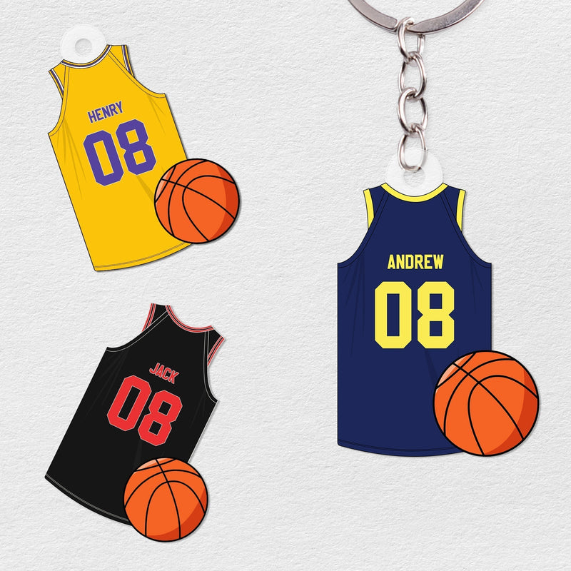 Personalized basketball jersey keychain with names Henry, Jack, and Andrew with basketball design