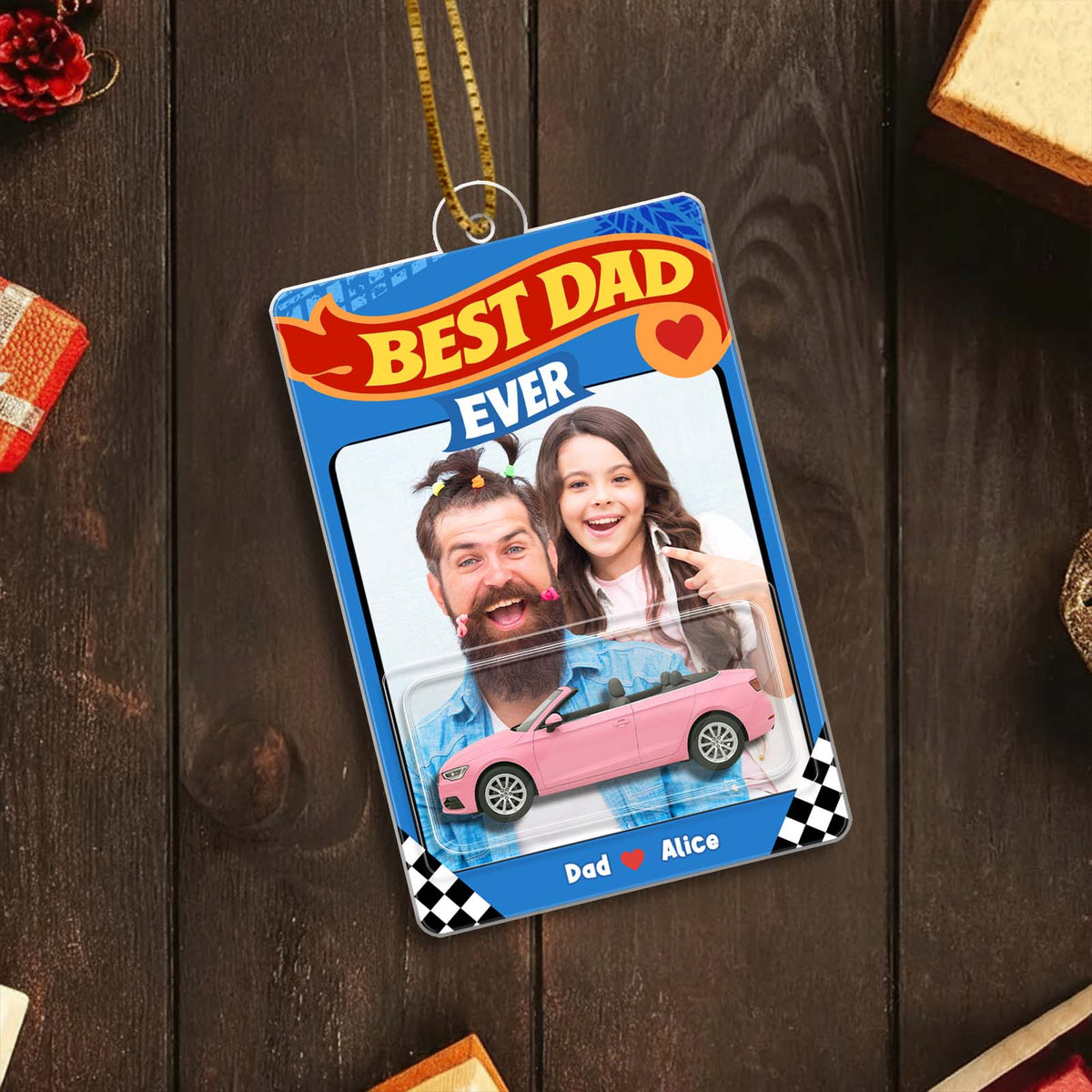 Personalized Best Dad Ever ornament featuring a pink car and a photo of Dad and child