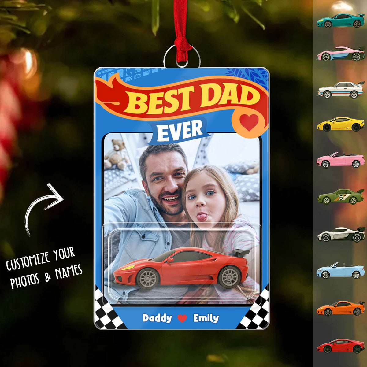 Personalized Best Dad Ever ornament featuring a photo frame and race car design for customization