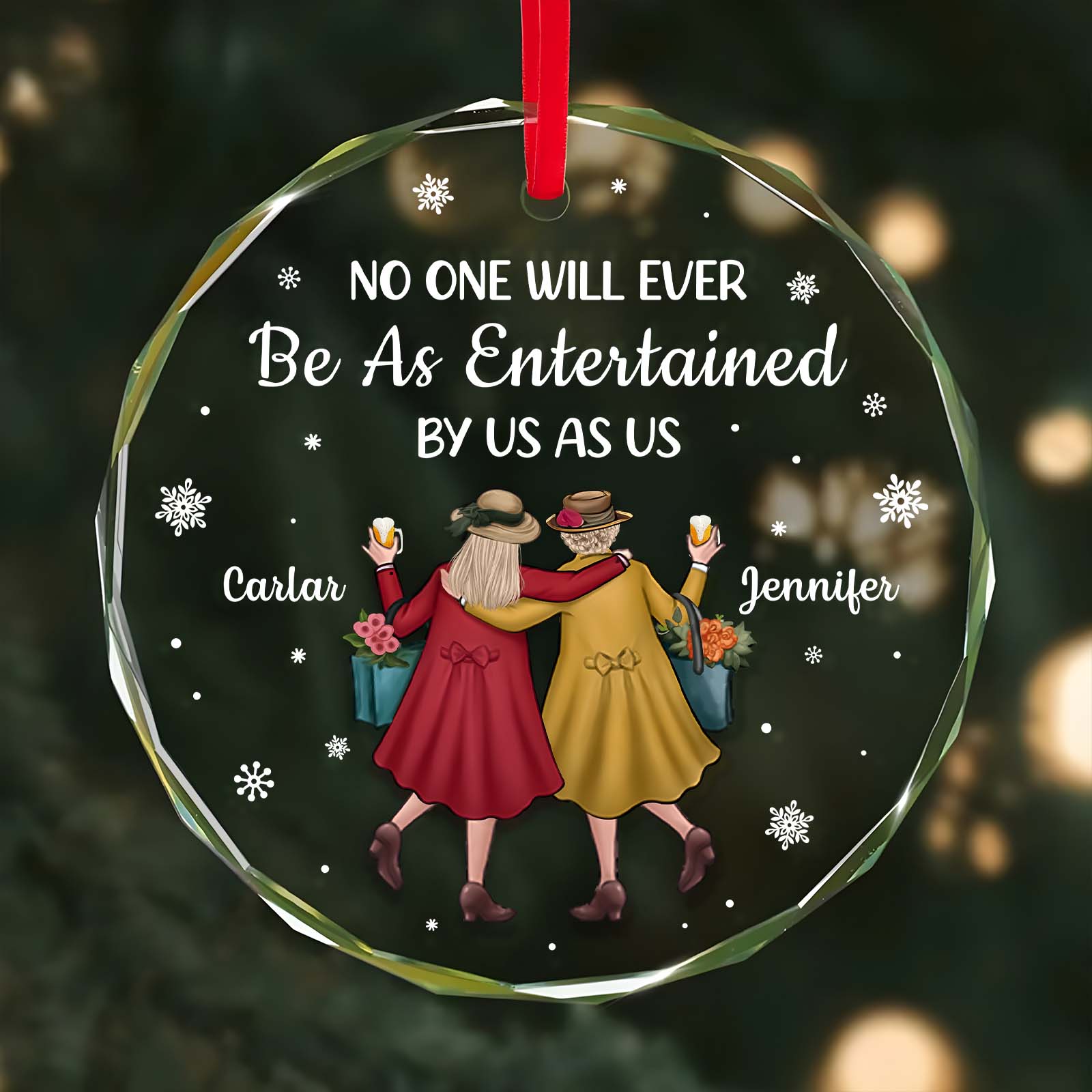 Personalized best friend Christmas ornament featuring two friends holding drinks and flowers with a festive design