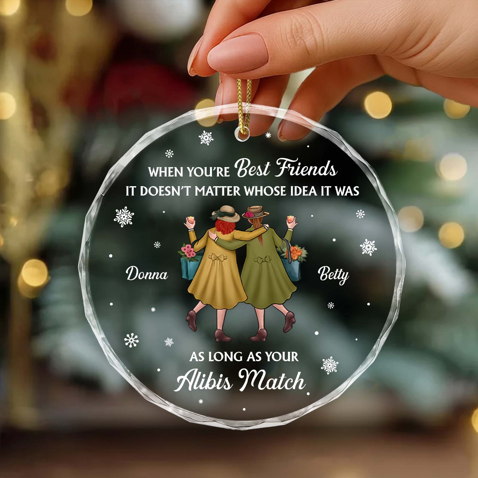 Personalized best friend Christmas ornament featuring two friends and a heartfelt quote
