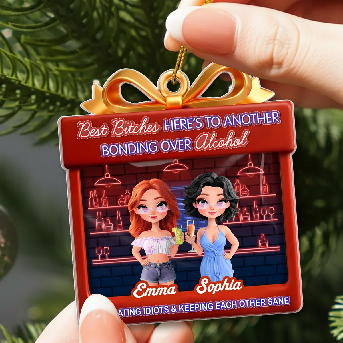 Personalized best friend Christmas ornament featuring Emma and Sophia with a festive design