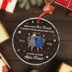 Personalized best friend Christmas ornament featuring two friends with festive attire and a humorous quote