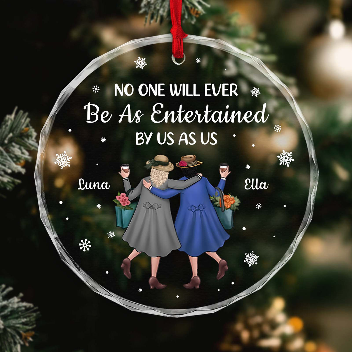 Personalized best friend Christmas ornament featuring two women enjoying the holiday season together