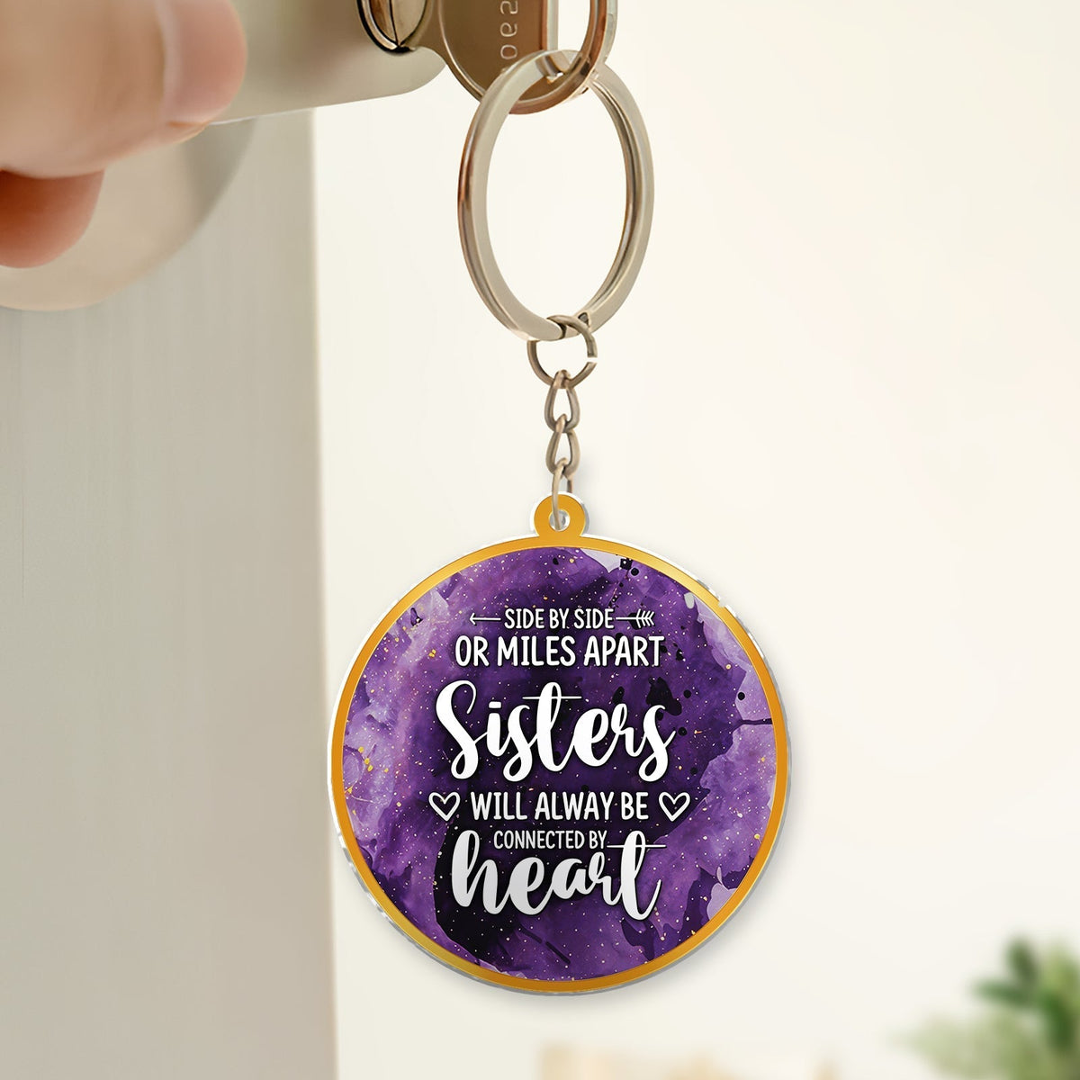 Personalized best friend keychain with purple design and heartfelt message about sisters and connection