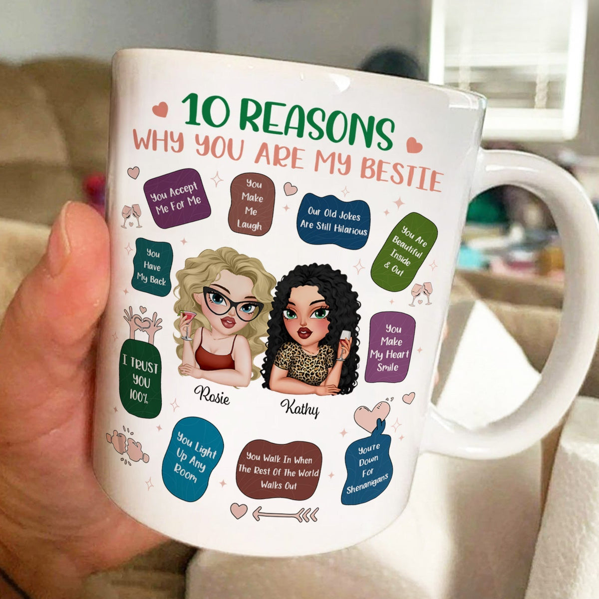 Personalized best friend mug featuring two cartoon characters and reasons why they are besties