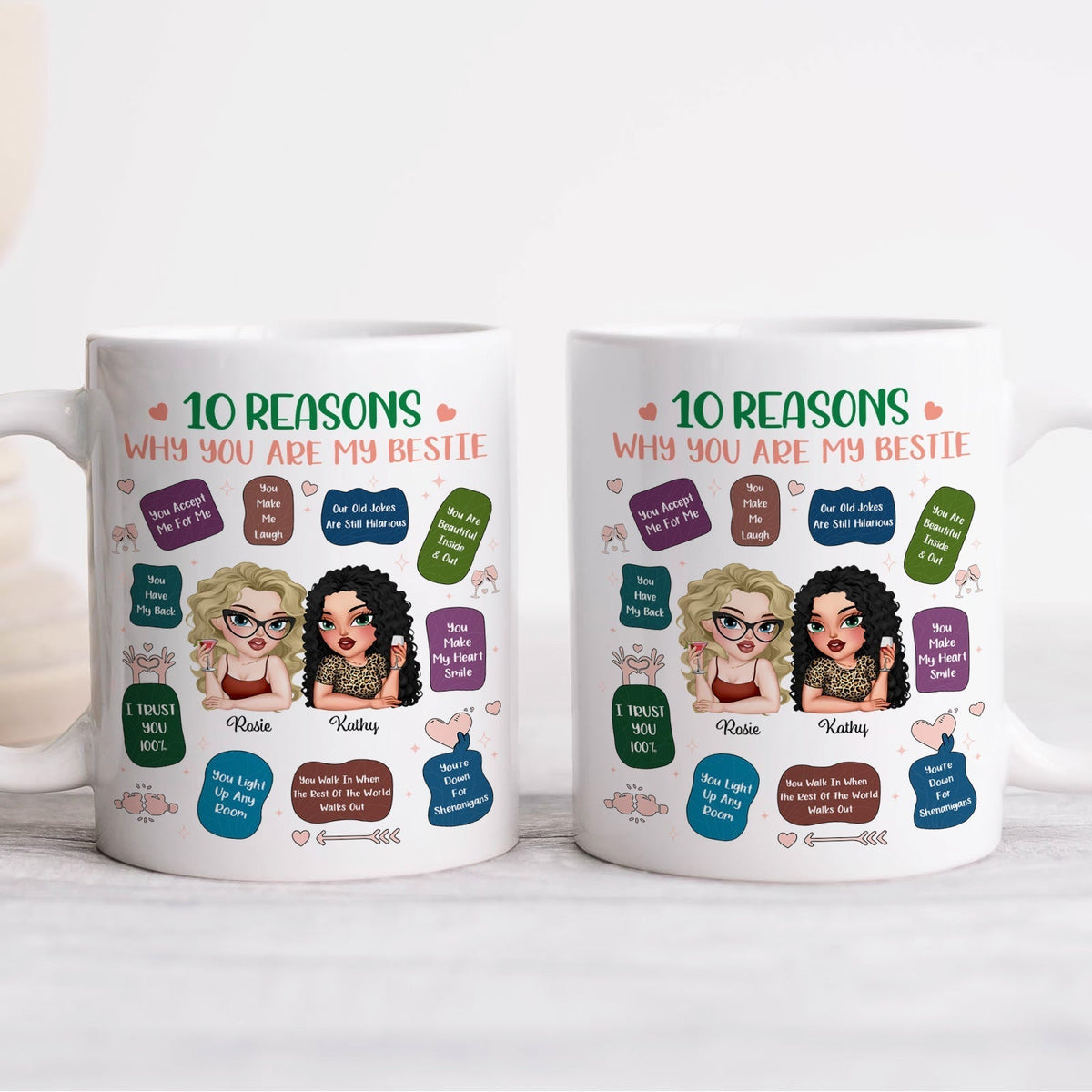 Personalized best friend mug featuring fun reasons why you are my bestie with illustrated characters