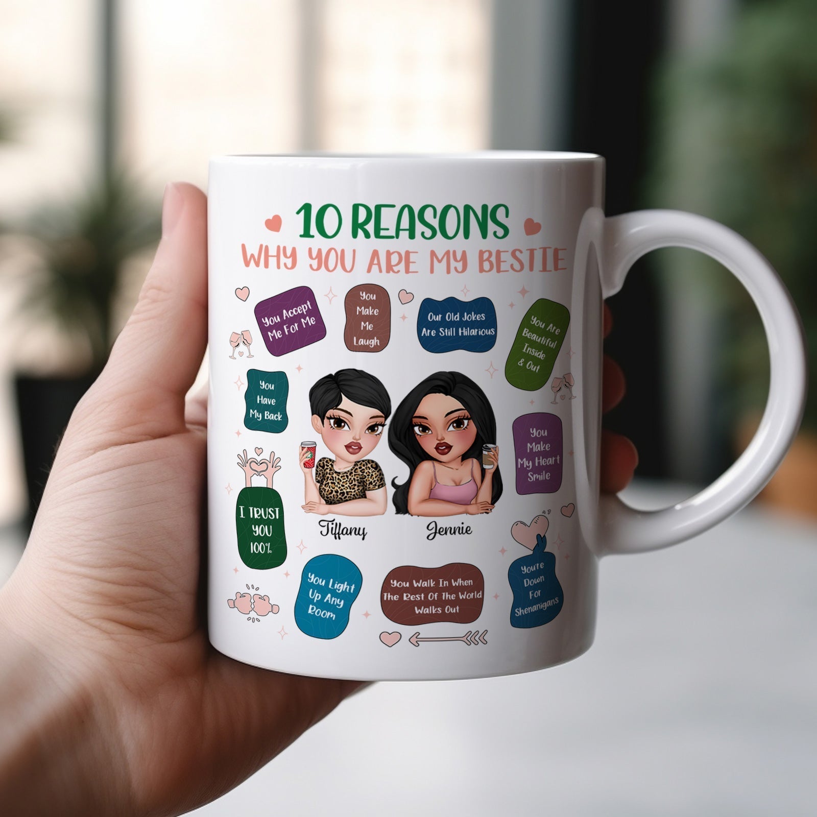 Personalized best friend mug featuring 10 reasons why you are my bestie with custom illustrations