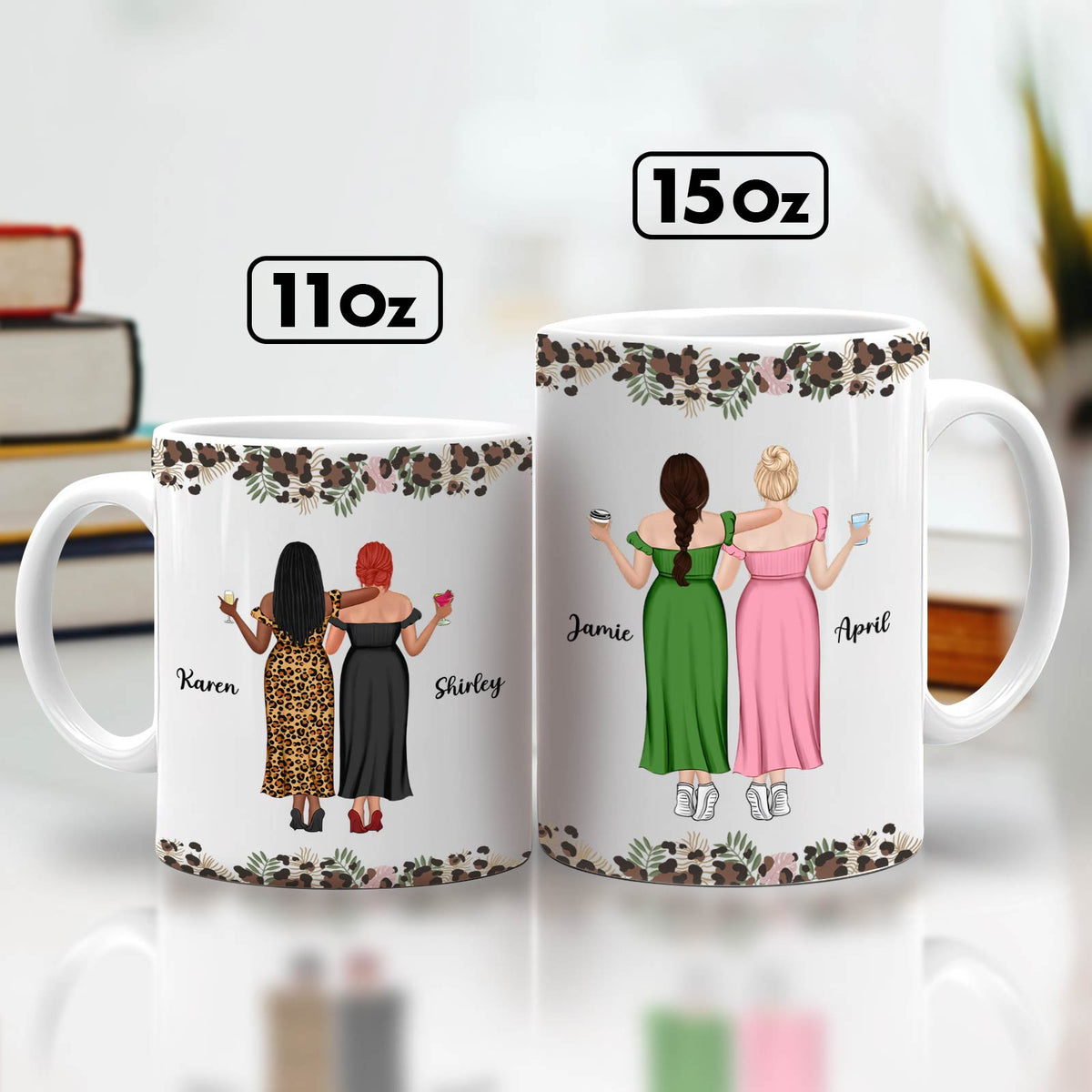 Personalized best friend mug featuring three friends with custom names and colorful dresses