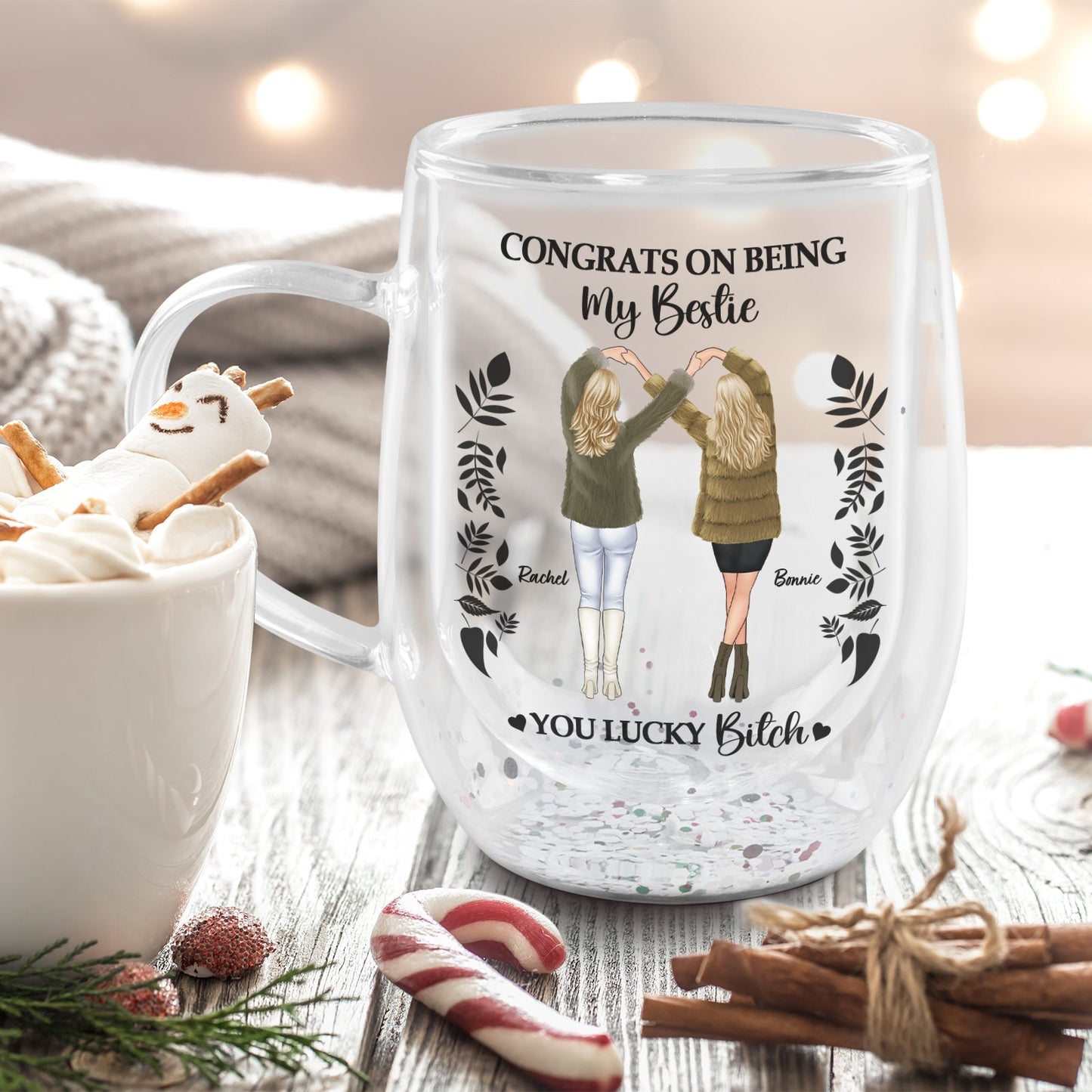 Personalized best friend mug featuring two friends celebrating their bond with a fun design