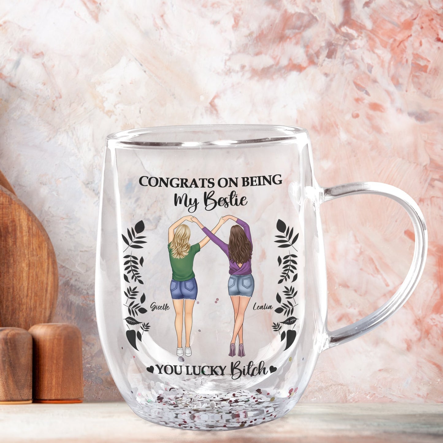 Personalized best friend mug featuring the message Congrats on Being My Bestie with two illustrated friends
