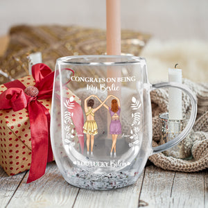 Personalized best friend mug featuring two women celebrating friendship with a humorous quote