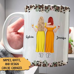 Personalized best friend mug featuring custom names and a design with two friends in bright dresses
