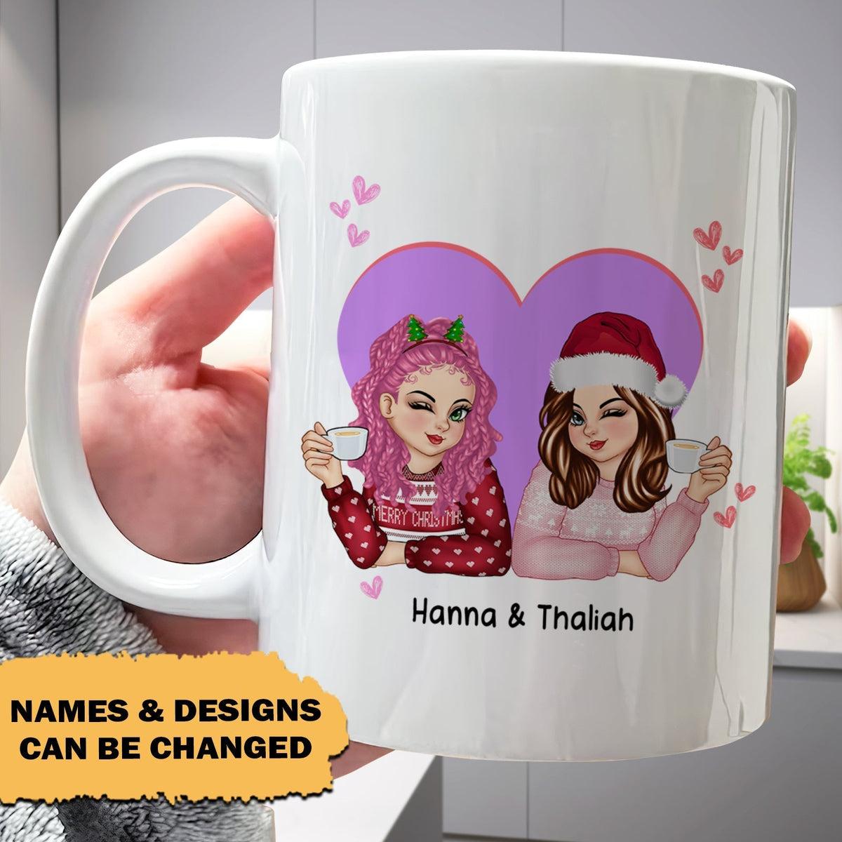 Personalized best friend mug featuring custom names and a heart design for unique gifts