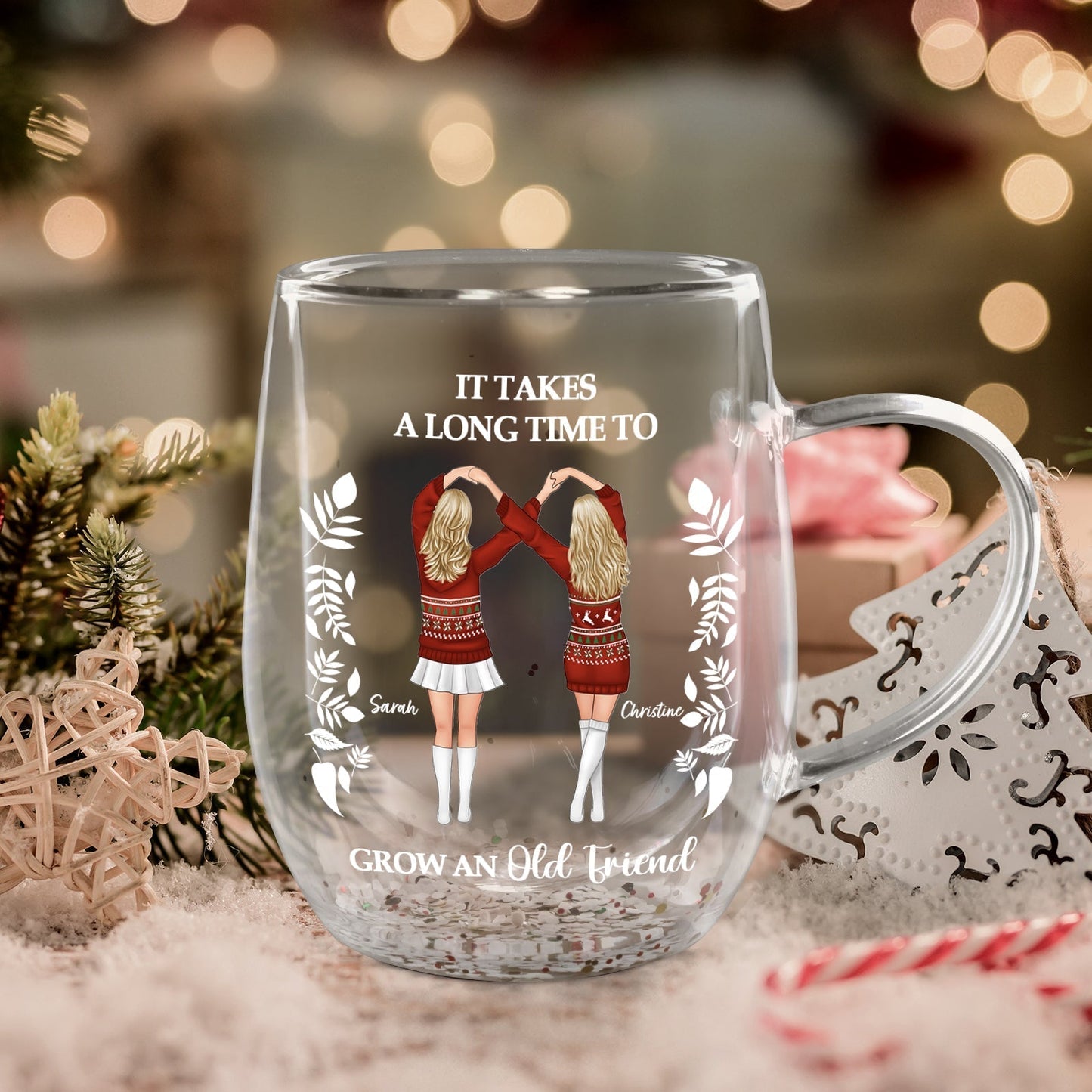 Personalized best friend mug with heartfelt design featuring two girls holding hands